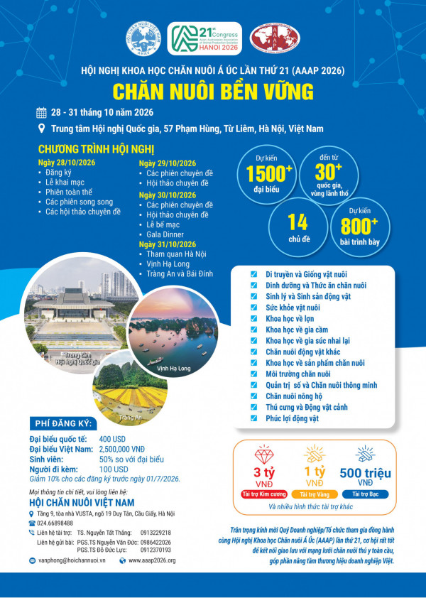Việt Nam đăng cai Hội nghị Khoa học Chăn nuôi Á – Úc lần thứ 21 năm 2026