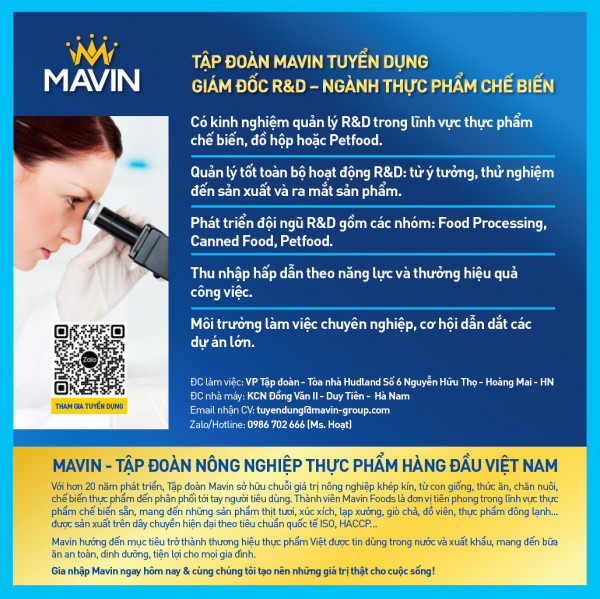 Tập đoàn MAVIN tuyển dụng Giám đốc R&D ngành thực phẩm chế biến