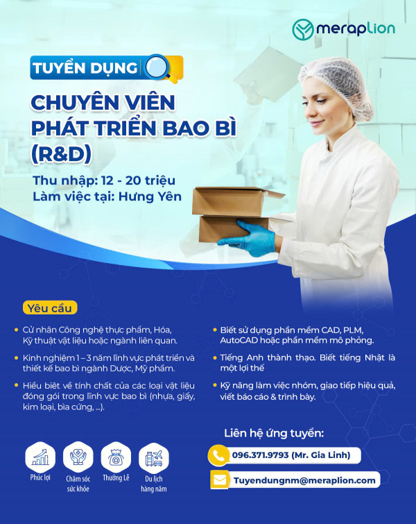 MERAPLION tuyển dụng chuyên viên phát triển bao bì (R&D)
